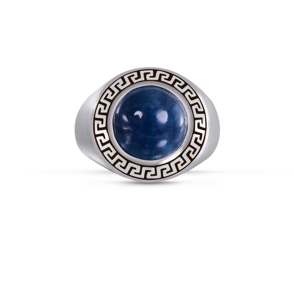 Blue Apatite Stone Signet Ring in Black Rhodium Plated Sterling Silver